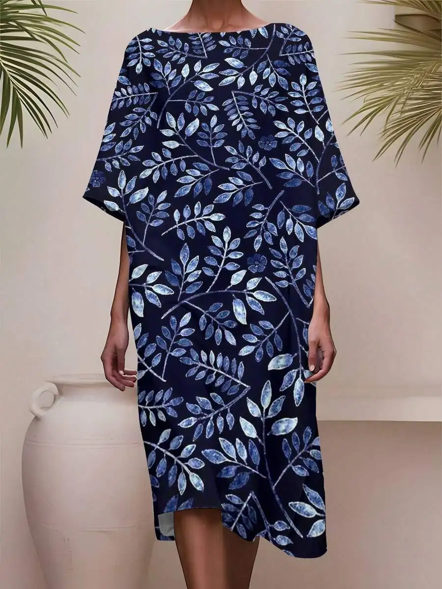 

Womens Half Sleeve Loose Dress Blue Leaf Print Dark Background Casual Everyday Streetwear