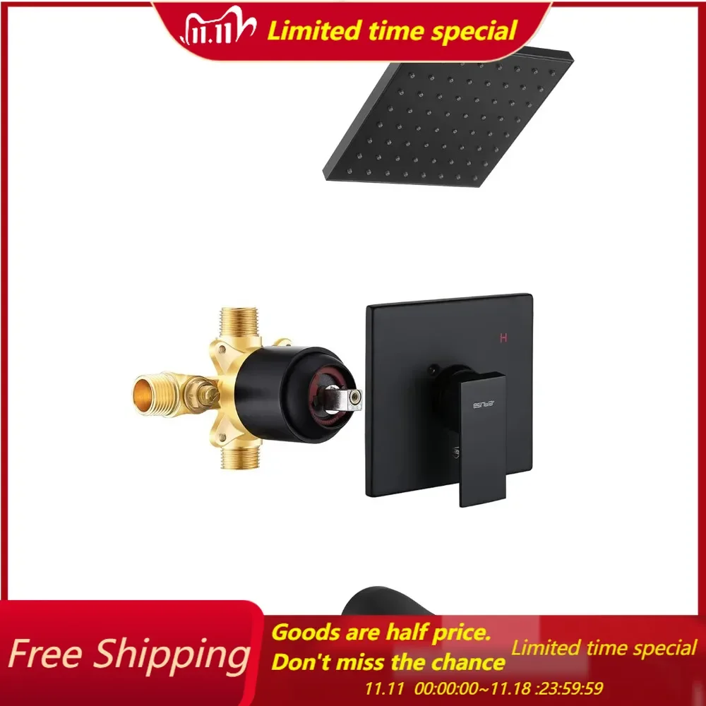 Tub Shower Faucet Set (Valve Included) with 6-Inch Rain Shower Head and Tub Spout, Black Shower Head and Handle Set