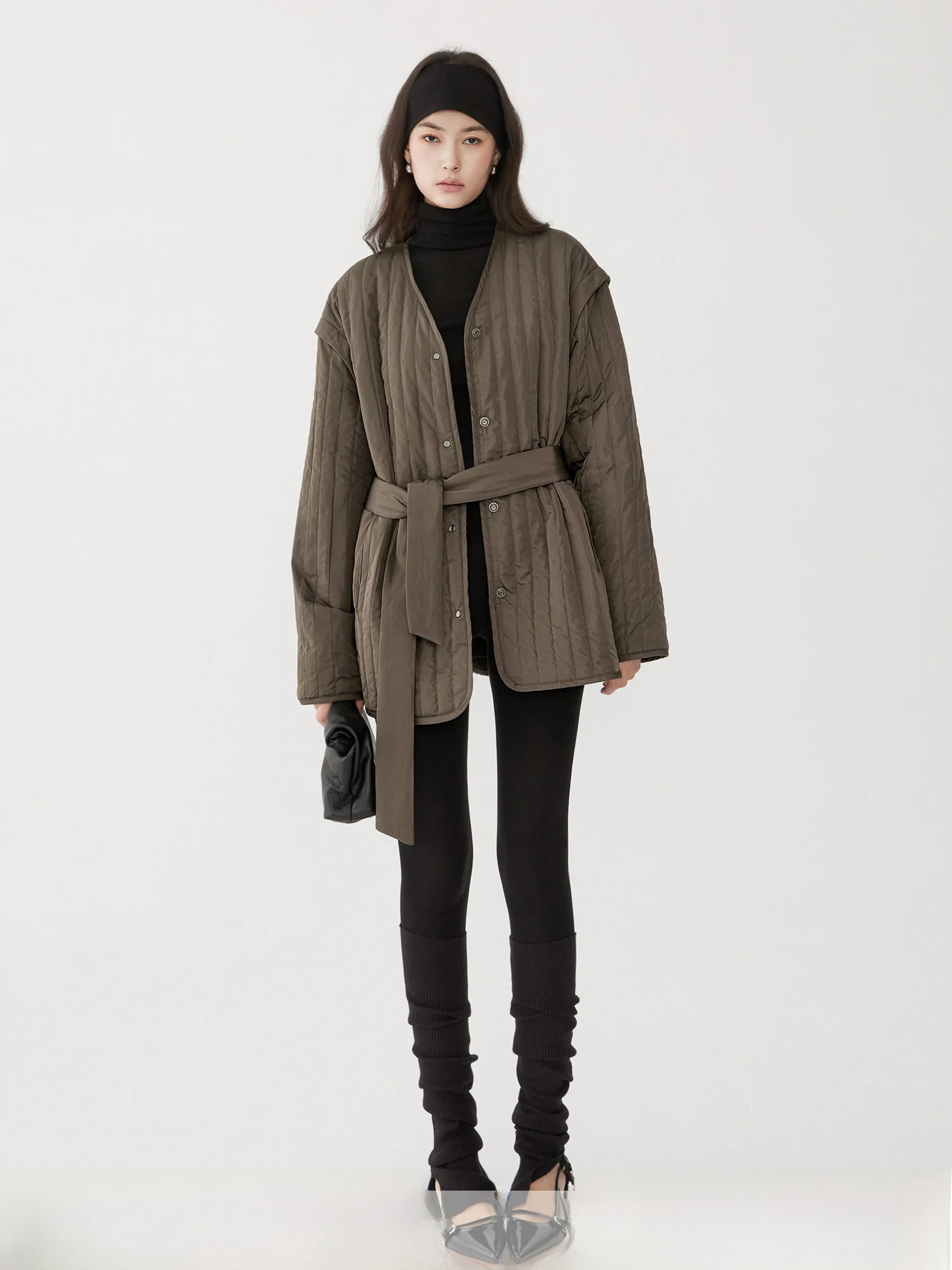 

Casual Lightweight New Arrival Cotton Jaet Long Sve V-Ne Button-Up Striped Stitching Loose Fit Women's Outerwear