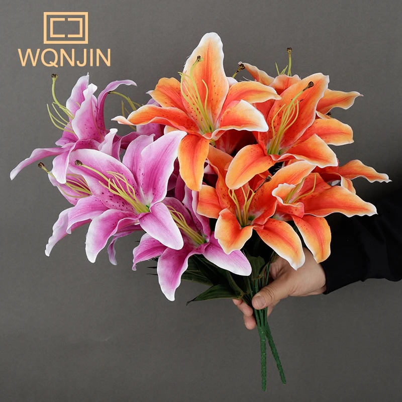 Künstliche Lilienblumen mit 9 Köpfen, europäischer mehrfarbiger gefälschter Brautblumenstrauß, Hochzeit, Zuhause, Party, Dekoration, Blumen – Detail 9