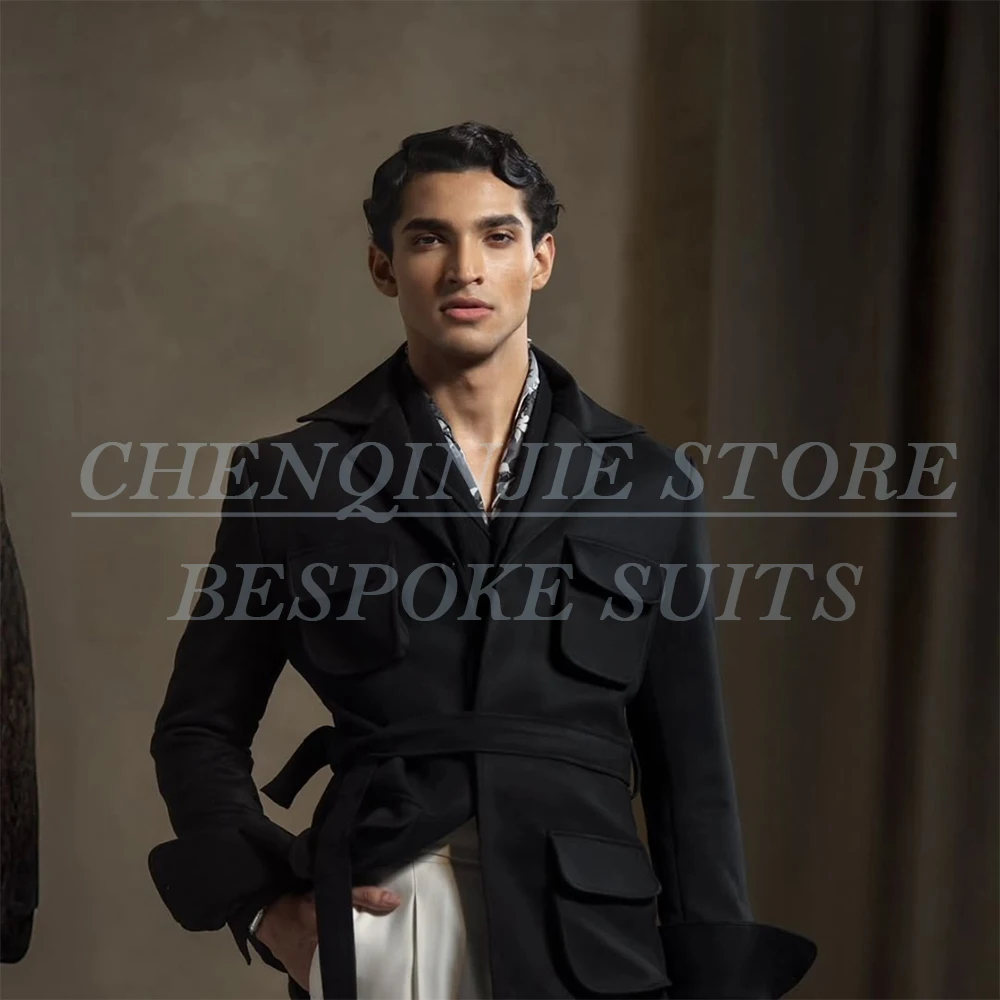 Jodhpuri Men's Suits Fashion Black Blazer With White Pants Sets Customized Single Breasted Stand Lapel 2 Piece Jacket Trousers