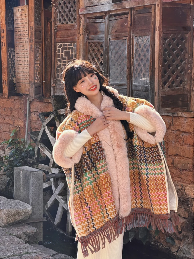 

Пальто женское с капюшоном и воротником из искусственного меха, хлопковое, в клетку, этнический стиль, теплый, удлиненный, из полиэфирного волокна