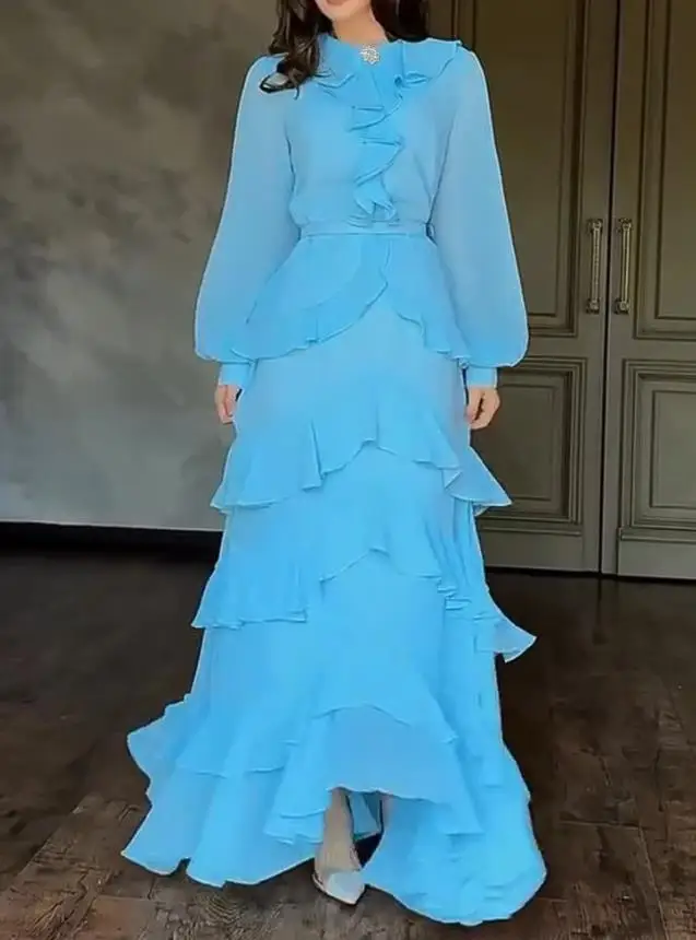 Francês strass botão decoração em torno do pescoço lanterna manga maxi vestido com zíper volta em camadas babados chiffon vestido de noite com cinto