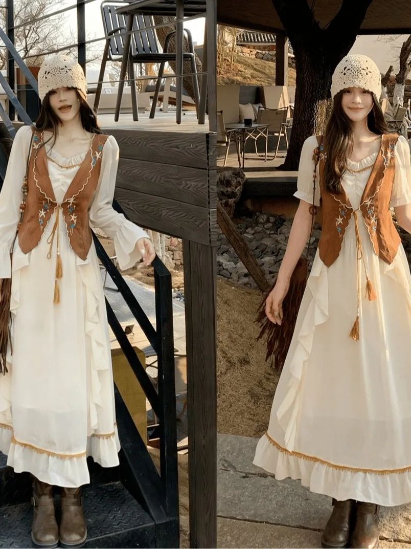 

Retro Vacation Style Embroidered Illusory Two-Piece Dress Women's Summer New Elegantly Waist-Cinching A-Line Long Dress