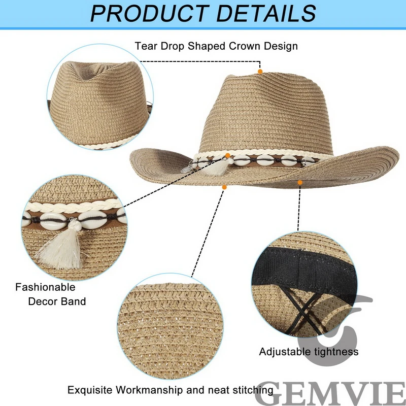 GEMVIE 2022 Shell Tassels Cowgirl Summer Hat Straw Hat for Women Men Western Cowboy Hat Lady Trendy Woven Sun Hat Beach Cap