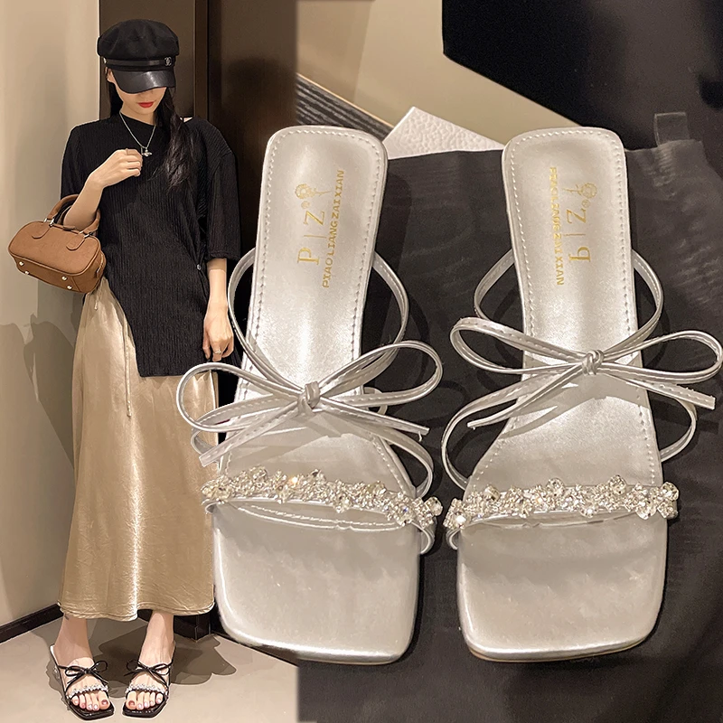 

Женская обувь, женские тапочки, роскошные уличные шлепанцы, прозрачные шлепанцы на квадратном каблуке с узлом-бабочкой, 2022, дизайнерские летние мягкие шлепанцы