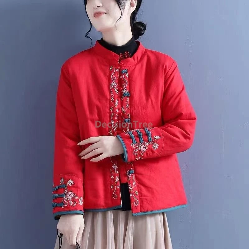 

2025 winter retro chinese style cotton linen women's clothes ethnic style disc buckle embroideried coat loose versatile coat