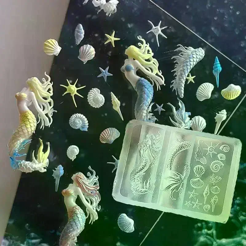 Series 3D Silicone Nail Mold Mermaid Starfish Shell Nails Art Carving Templates Manicure Design Tool DIY Nail Art Decor Ocean