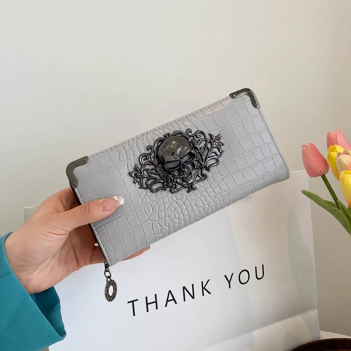 

New Arrival Crocodile Pattern Skull Long Wallets Fashion Vintage Designer Punk Style Purse Large Capacity Female Clutch