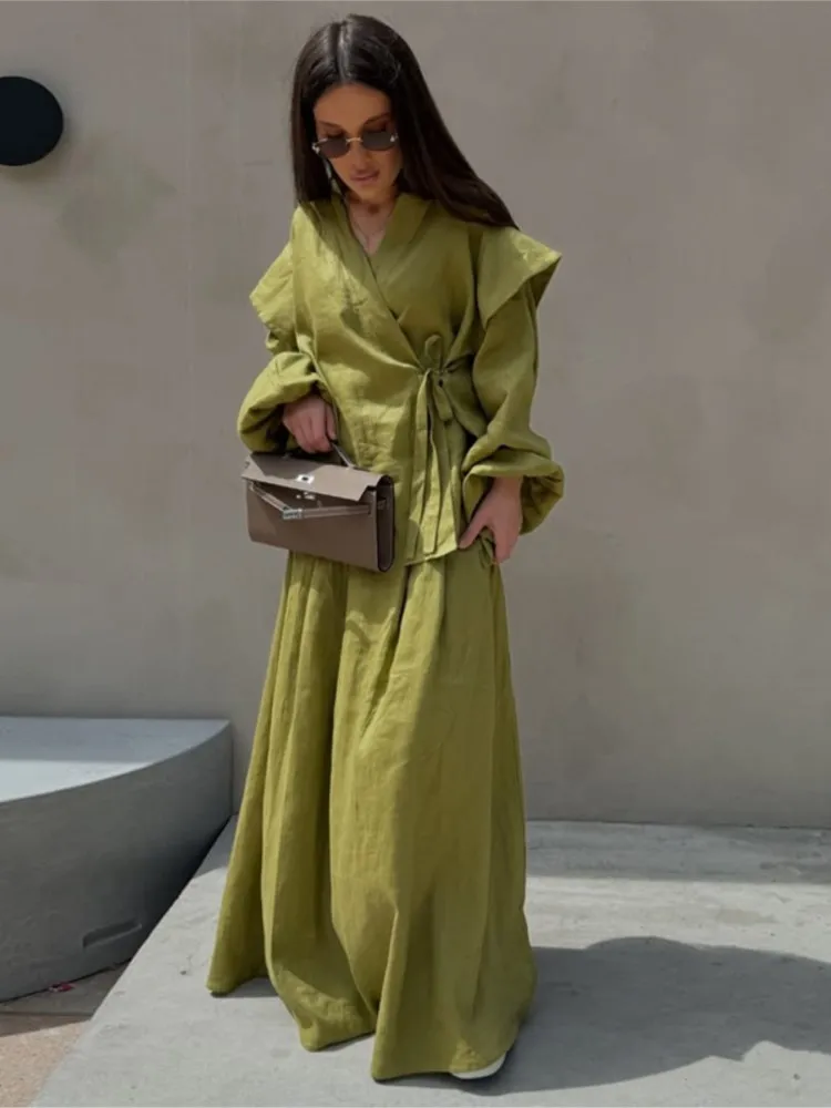 

Повседневные комплекты с рубашкой и юбкой на шнуровке, хлопковый свободный костюм для женщин, осень 2022, топ с рукавами-фонариками + длинные юбки, комплект из 2 предметов, женская одежда