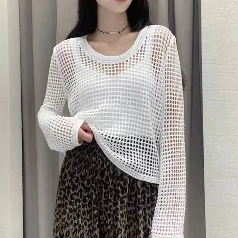 

Long Sleeve Crochet Top for Women O-Neck Regular Fit Openwork Knit Pullover Summer Cover Up Beach Vacation Outfit