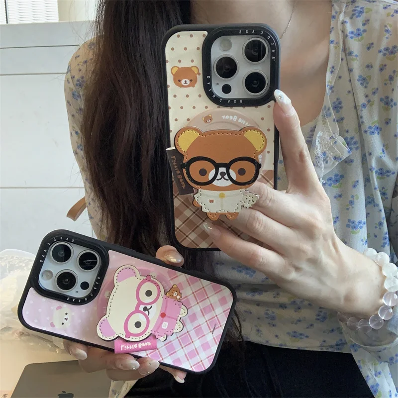 

Fashion Cute Cartoon Brown Bear Magnetic Phone Case For iPhone 17 Pro 14 16 15 Pro Max Cover with Stand For Magsafe Cases Capa