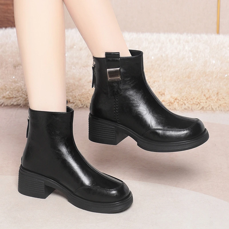 

Womens Black Leather Ankle Boots With Chunky Heel Back Zipper Metal Detail Comfortable Non Slip Outsole For Daily Wear Outings