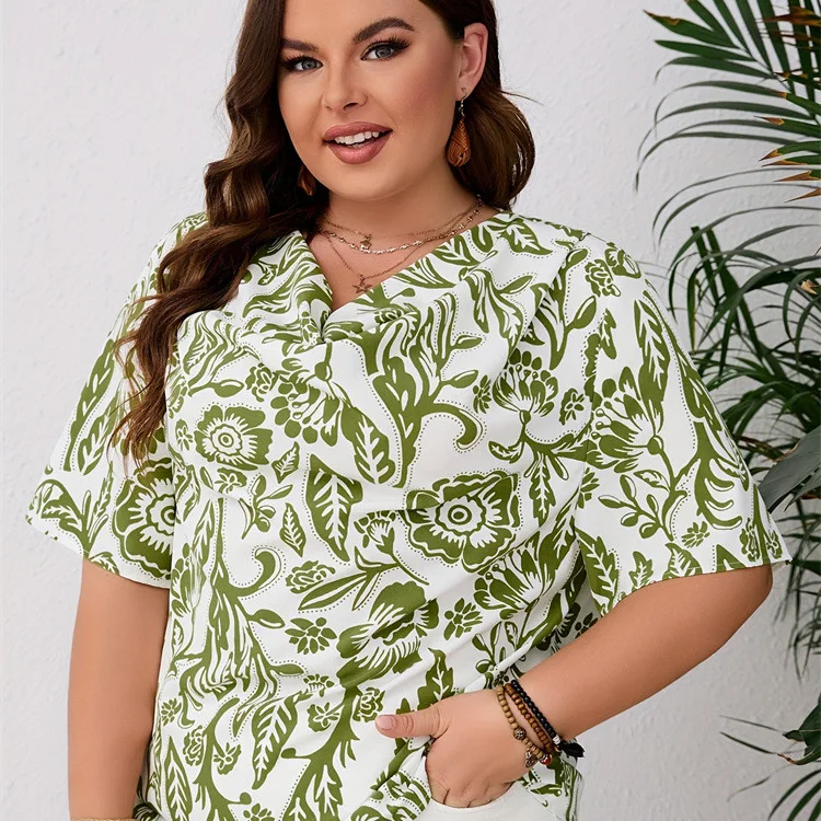 

Футболка с большим принтом и ворсовым воротником ort Sve, блузка, женская повседневная блузка трапециевидной формы с высокой талией, летняя одежда с цветочным узором для поездок на работу