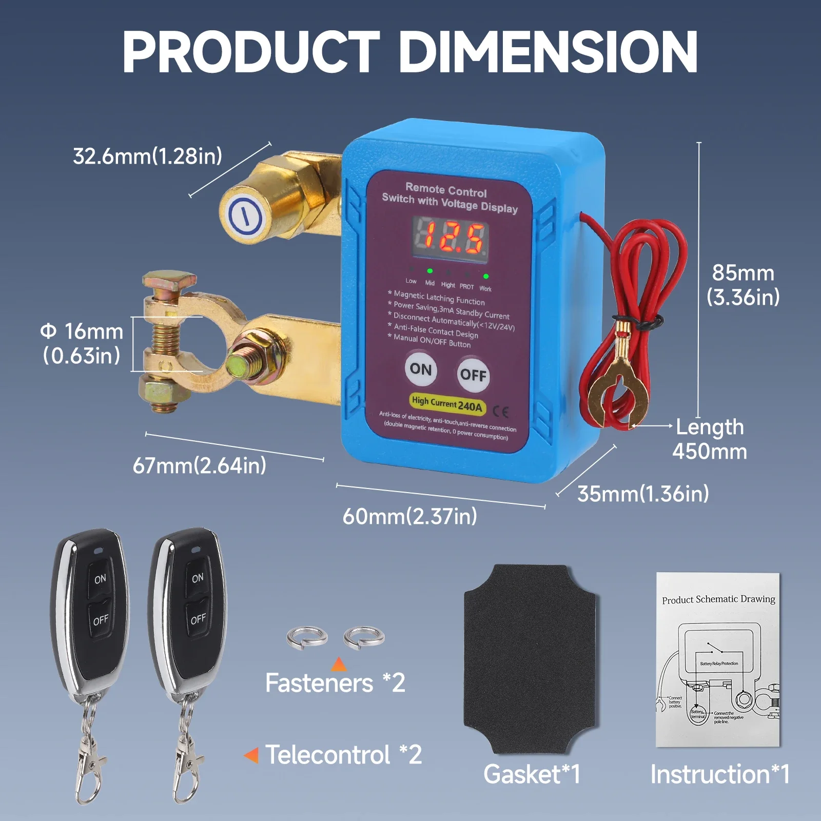 Interruptor de desconexión de batería con Control remoto, pantalla Led, ahorro de energía automático, antirrobo para coche, camión, barco, RV, Camper, 240A, 12V