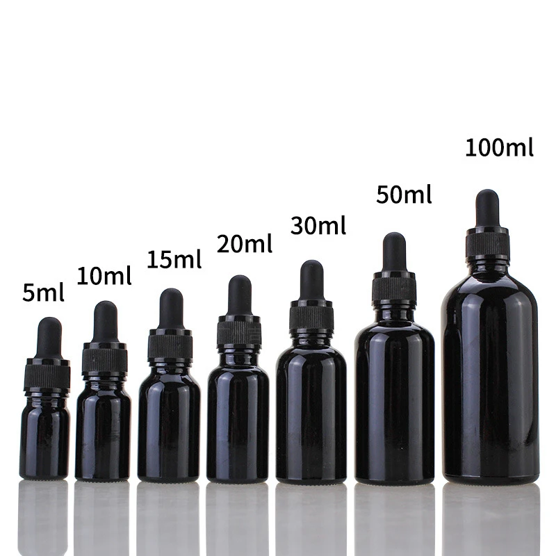 

10ml 15ml 30ml 50ml 100ml Black Empty Glass Cosmetic Essential Oil Bottle Elegant Glass Pipettes Dropper Bottle Cosmetic Packing