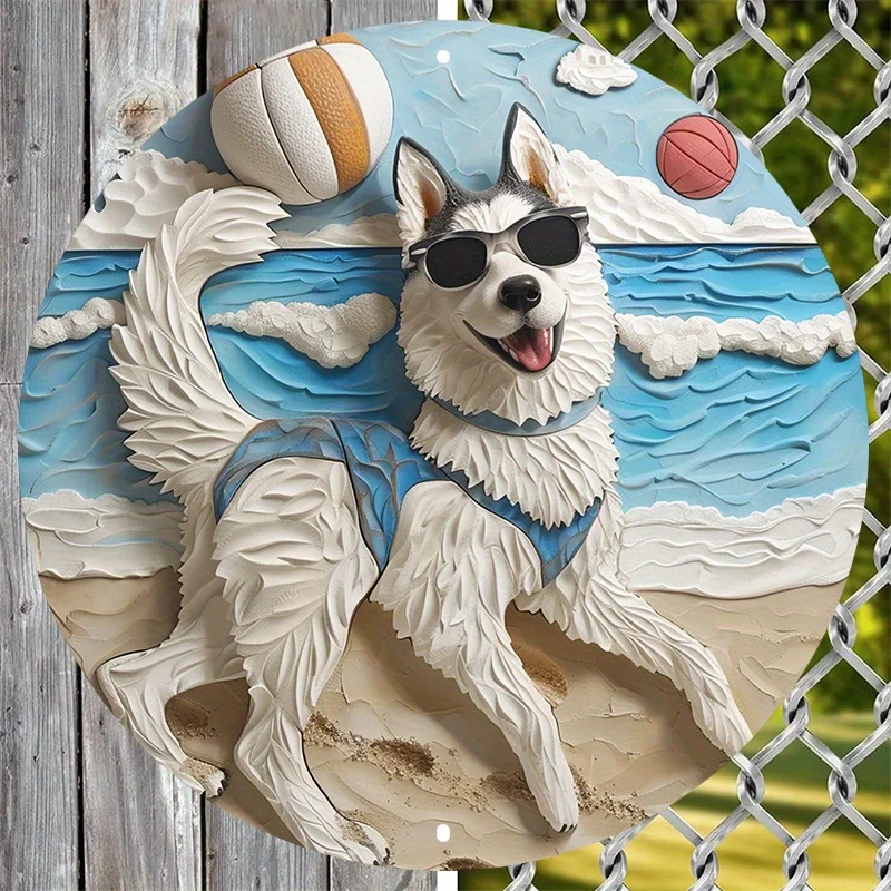 

Husky Dog Beach Metal Wall Art, Aluminum, Waterproof Circular Sign, 2D Wreath Design, HD Printing, Pre-drilled, Outdoor Decor