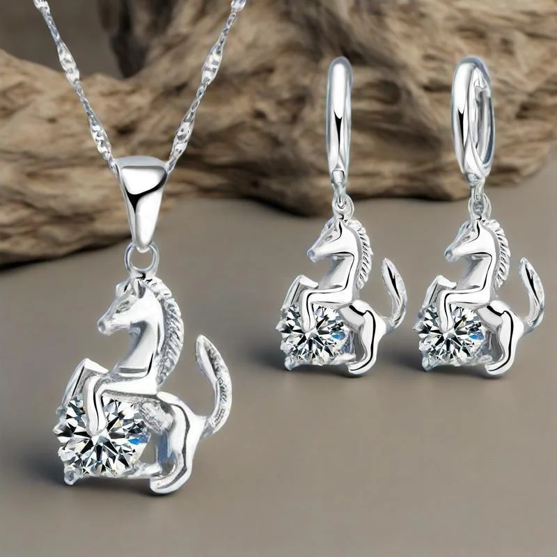 

Real 925 Sterling Silver Animal Horse Cubic Zircon Crystal Necklace Drop Earring Set For Women Wedding Engagement Jewelry Gift