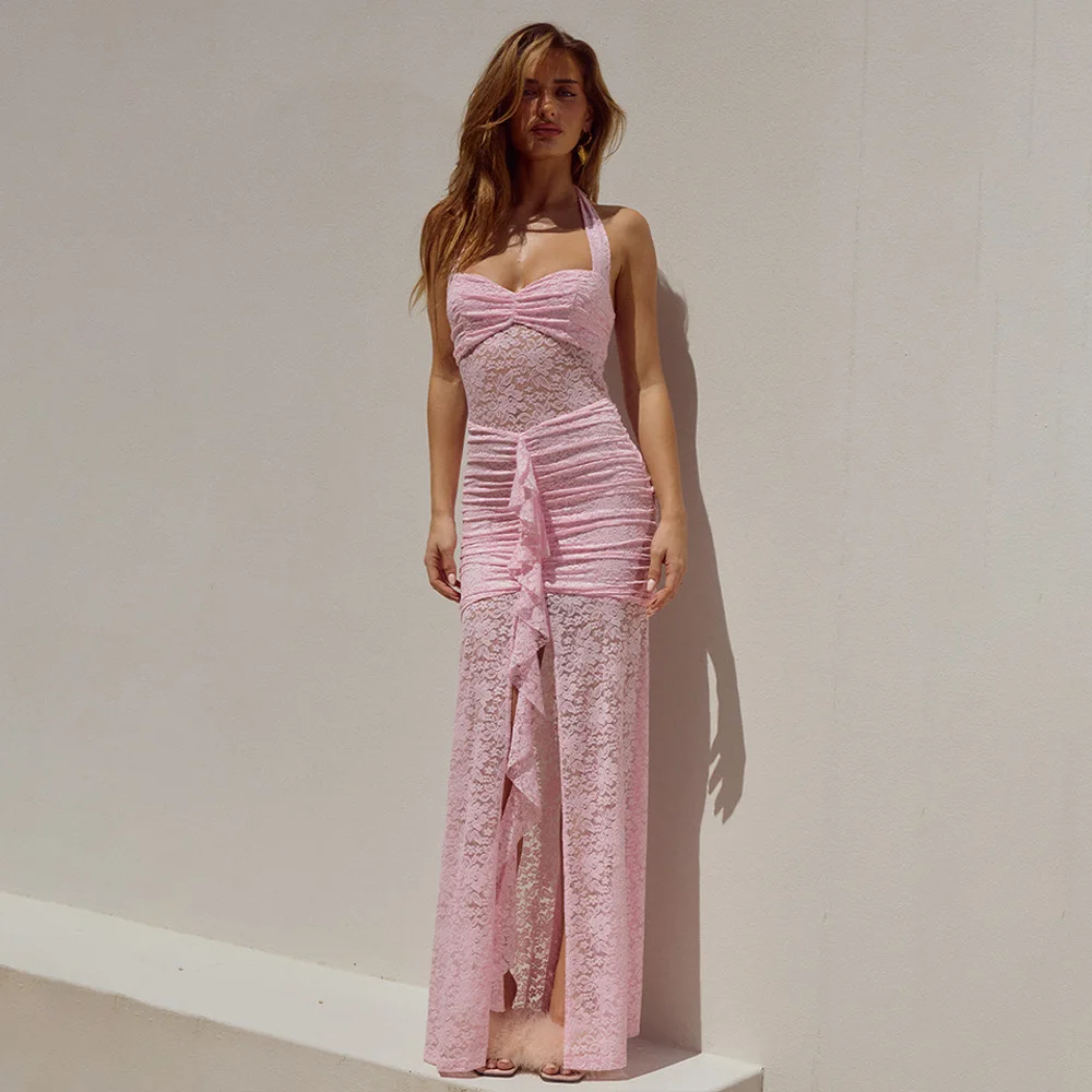 

Halter Lace Draped Ruched Sexy Maxi Dress Women 2025 Summer Patchwork Backless Slit Slim Long Dress Female Vacation Beach Dress