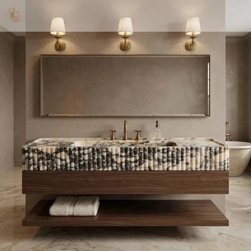 Floating Vanity Calacatta Viola Marble Sink Wall Mounted Fluted Bathroom Handcraved Stone Washbasin for Villa House Home