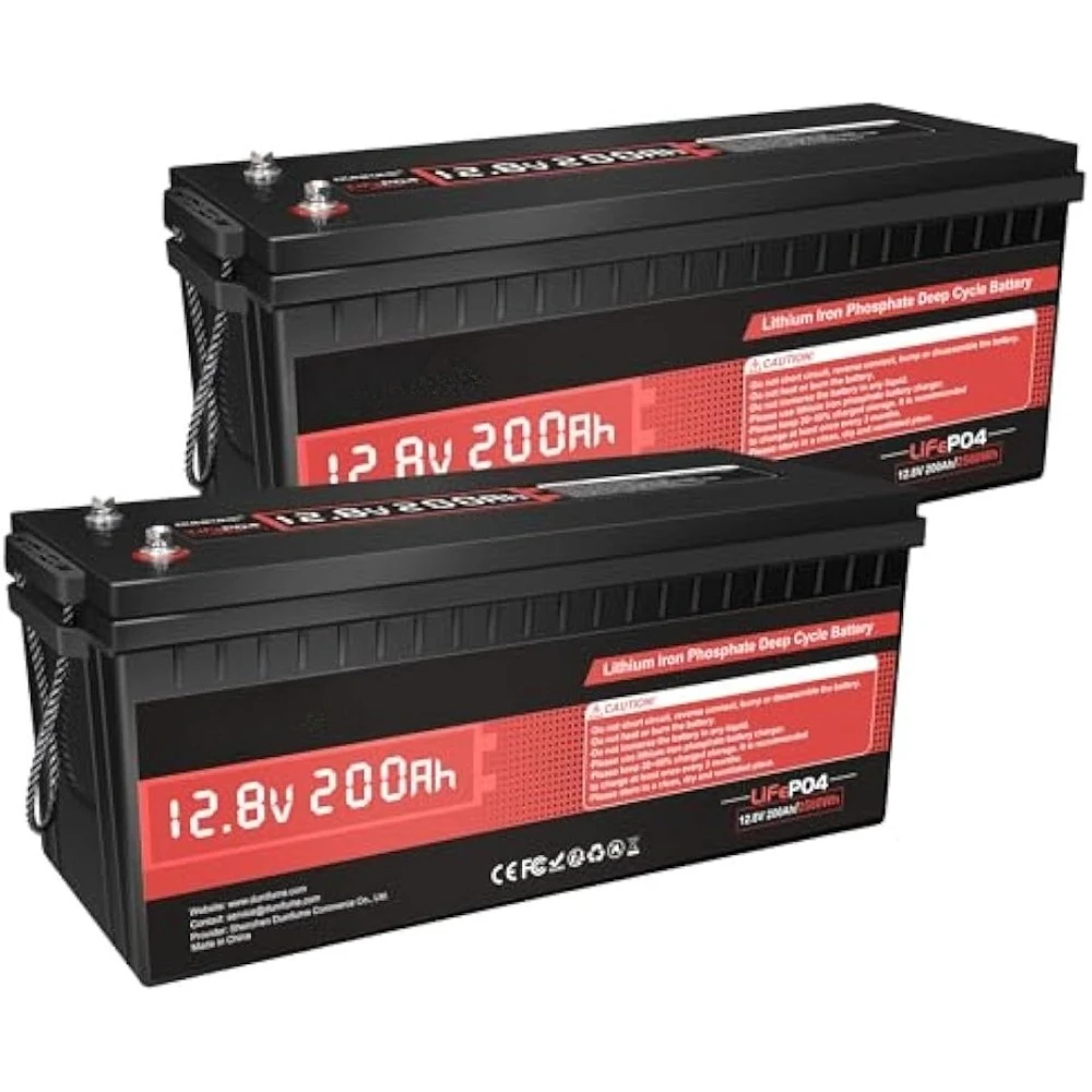 

Комплект из 2 литиевых аккумуляторов LiFePO4 12В 200Ач, 2560Втч энергии, 1280Вт нагрузки, BMS 200А и эффективность разряда 95%, 15000+ циклов, на заказ