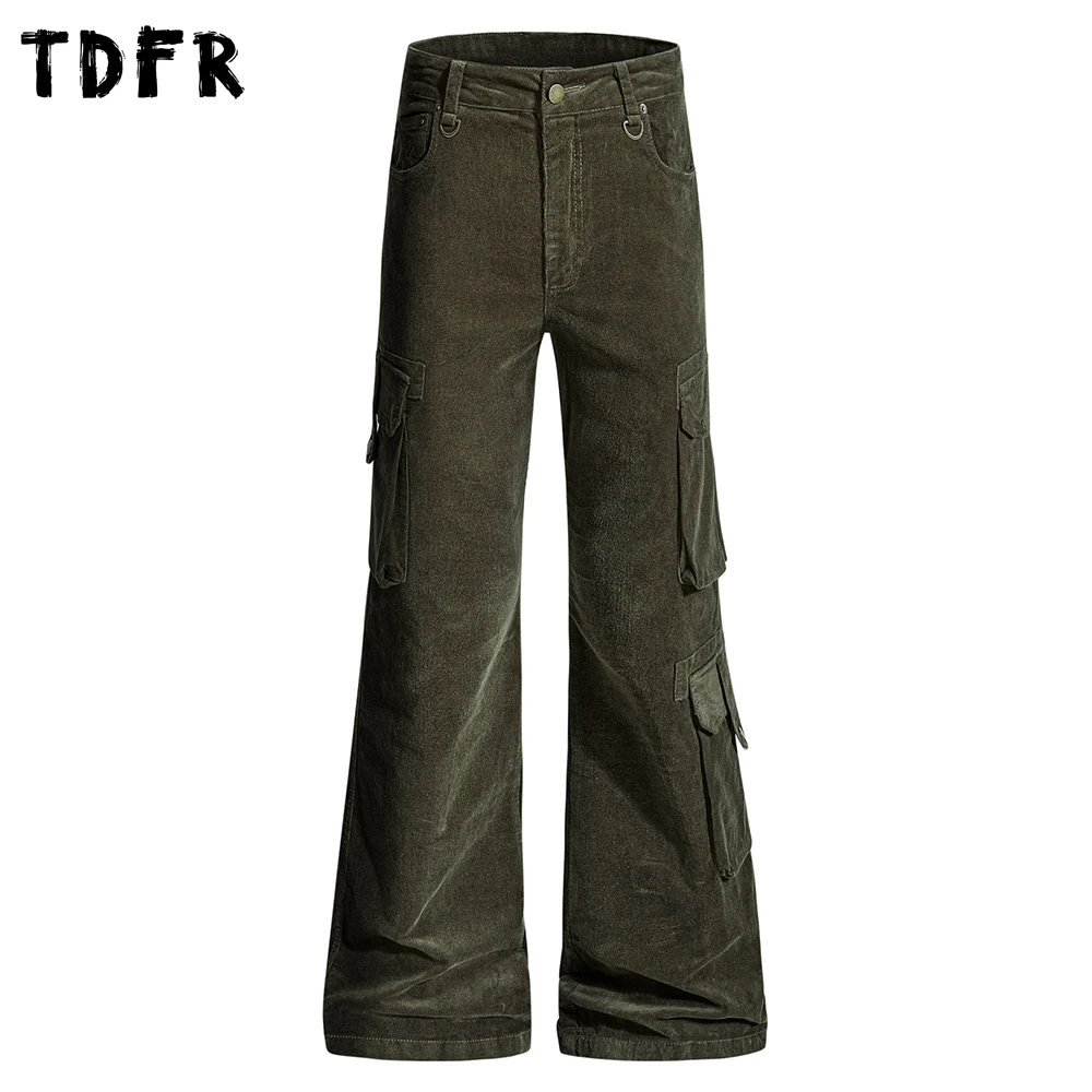 Corduroy Cargo Pants Mens Multi-Pocket Autumn Winter Retro Casual Straight Baggy Bootcut Pants Man
