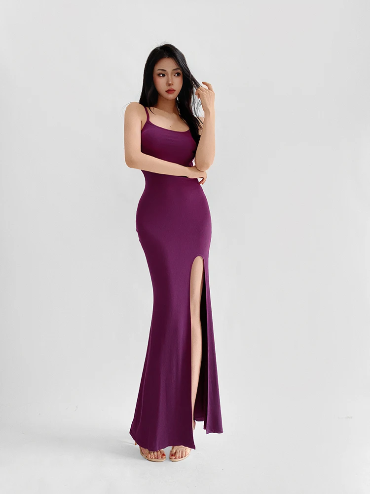 

ACE Small Store Spring Summer Strapl Dr Women Pure Desire Sle Bodycon Skirt Slit Long Dr U-Neline No Sve