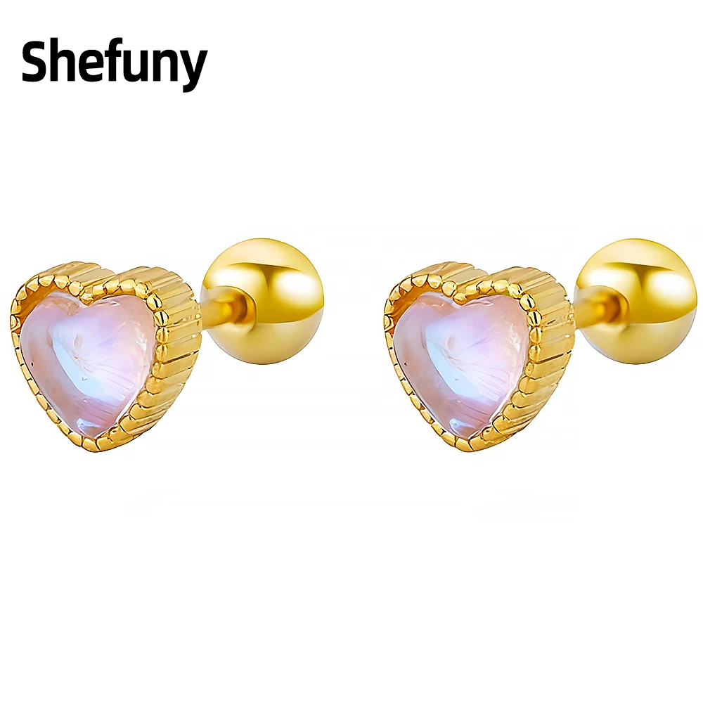 

925 Sterling Silver Heart Love Shape Flower Stud Earrings Glass Round Geometric Earrings For Women Fine Jewelry Engagement Gift