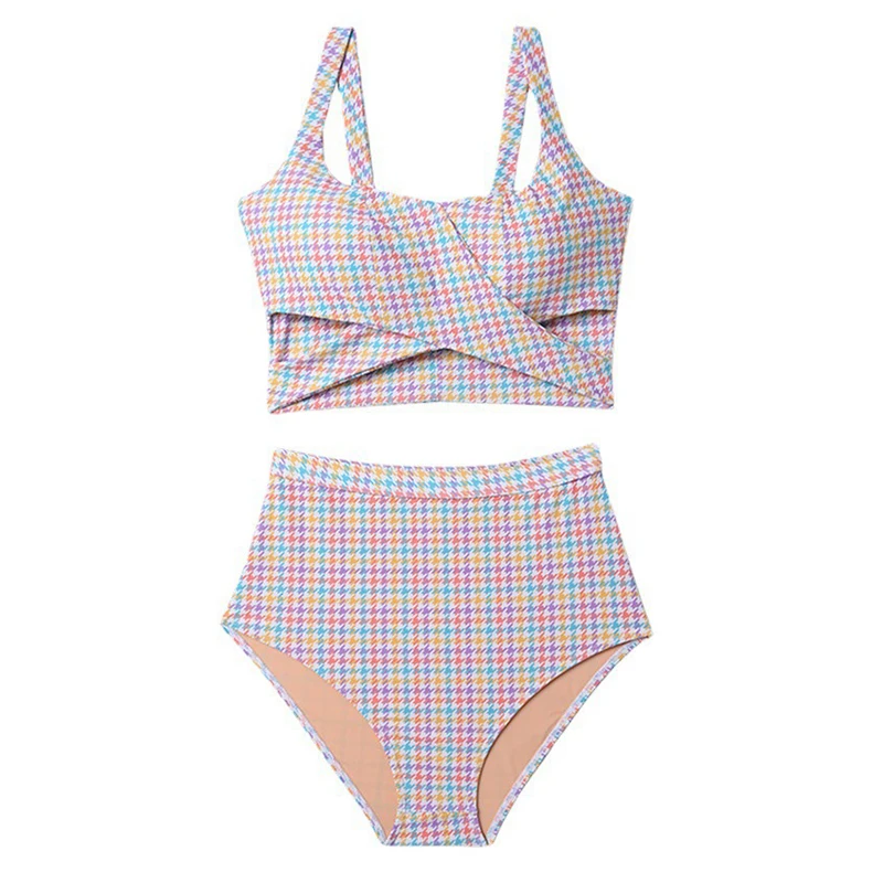 Pakaian renang wanita motif Houndstooth, pakaian renang wanita model pinggang terpisah, pakaian renang Bikini seksi Hottie desain silang