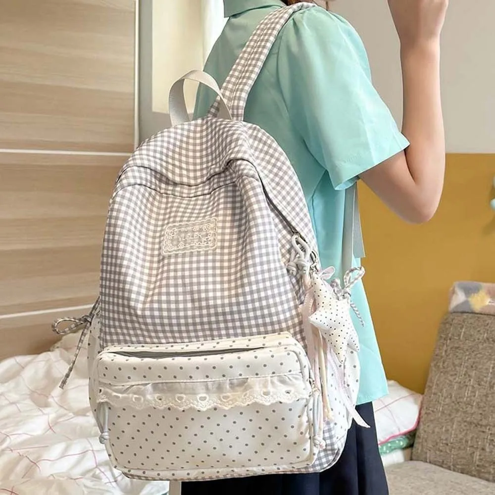 Korean Style Plaid Backpack Pastel Color Lightweight Lace Schoolbag Ruffle Design Multi Pockets Gingham Daypack School Students