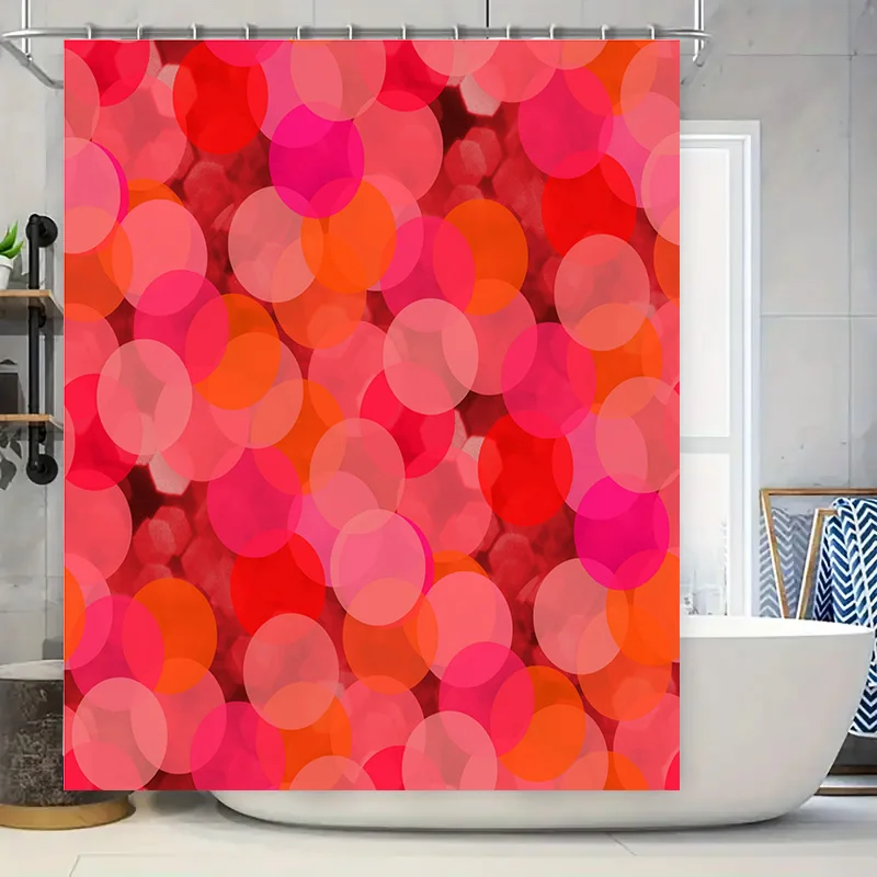 Moderne Badezimmerdekoration: Kräftiger rot-orangefarbener Kreis-Duschvorhang mit lebendigem, verschwommenem Lichtdesign für Badezimmer