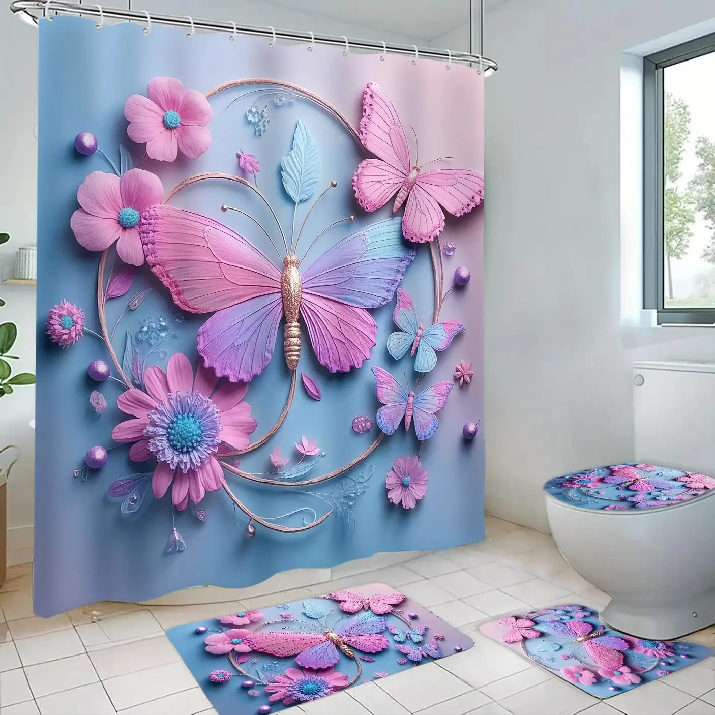 1/3/4 Piece Set. Realistic Butterfly Pattern Shower Curtain, Printed Butterfly Design with 12 Hooks, Suitable for Rooms, Homes, and Hotels, Machine Washable, Bathroom Curtain Set, Adds a Touch of Luxury to the Aesthetics of the Bathroom, Brings a Sparkling Luxury Feel to the Modern Refresh, and Adds a Sparkling Luxury Touch to the Curtains.