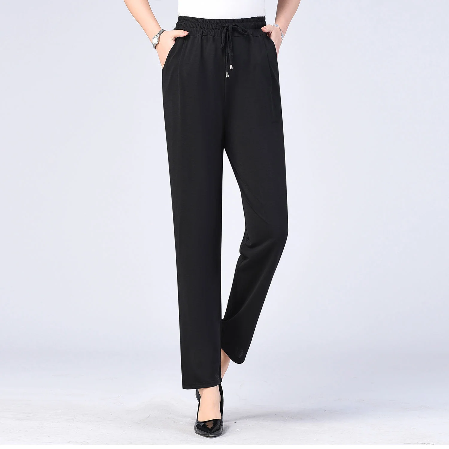 Summer Thin Ice Silk Pants For Middle-aged And Elderly Women Loose Casual Straight Pants Elastic High Waisted Trousers