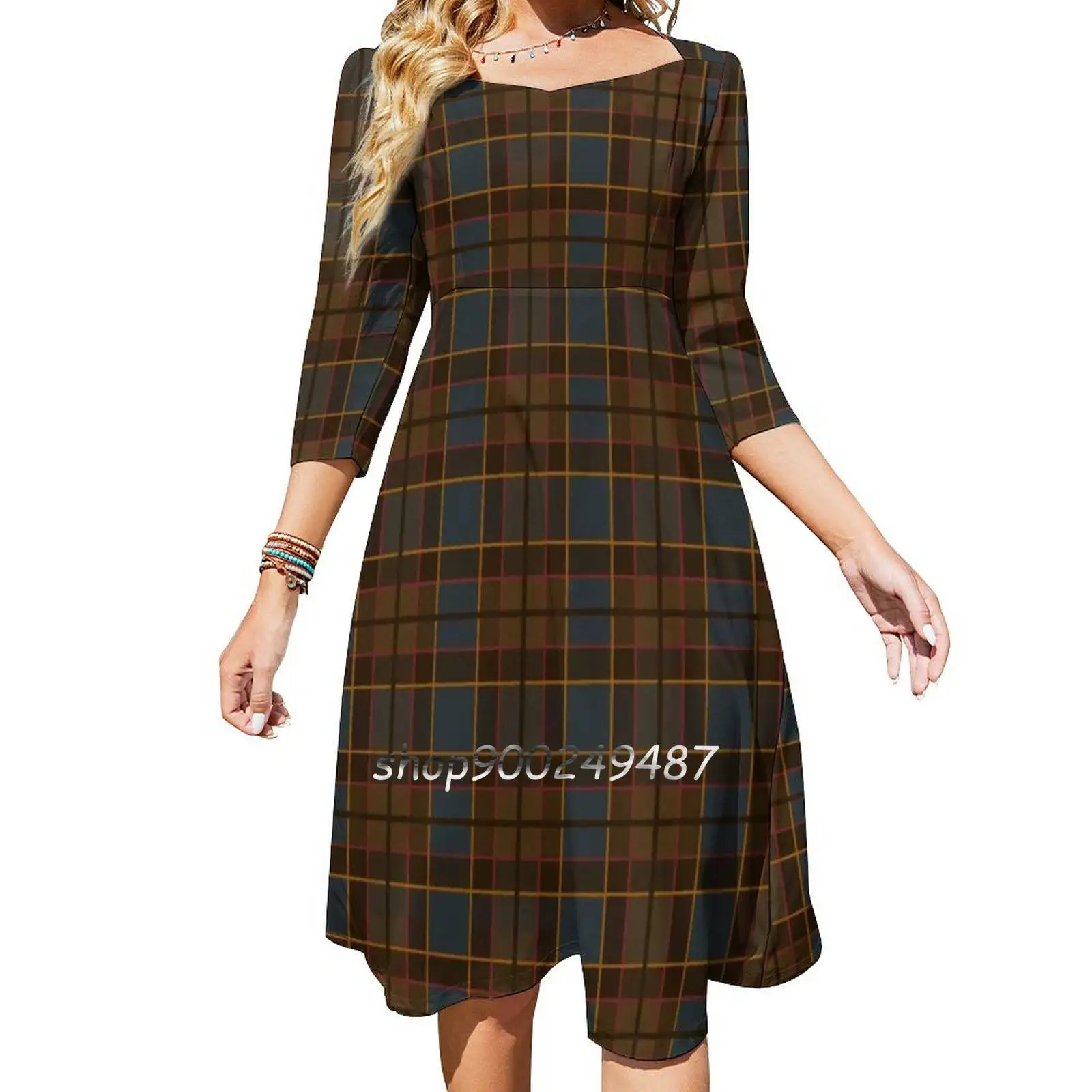 Tartan Square Neck Dress Cute Loose Print Dresses Elegant Beach Party Dress Outlander Jamie Fraser Claire Jamie Fraser Tartan