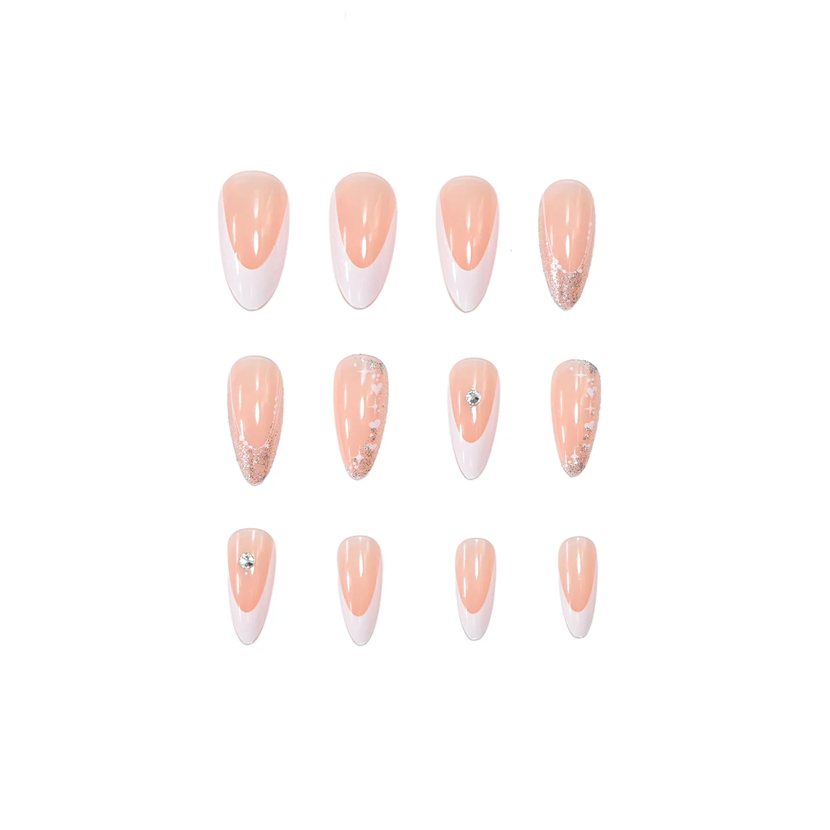 مجموعة كاملة من 24 مسمارًا صناعية طويلة على شكل لوز مع جليتر فرنسي وتصميم ثلاثي الأبعاد من حجر الراين، بما في ذلك 1 جيلي #3