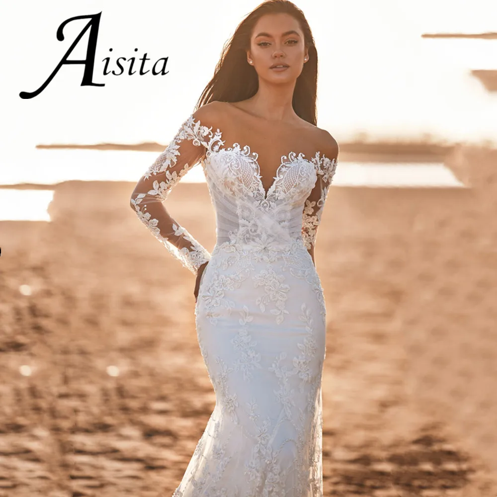 Vestido de novia de sirena Sexy, Vestidos de novia sin tirantes personalizados, Vestidos de novia de manga larga de encaje, Vestidos sin espalda