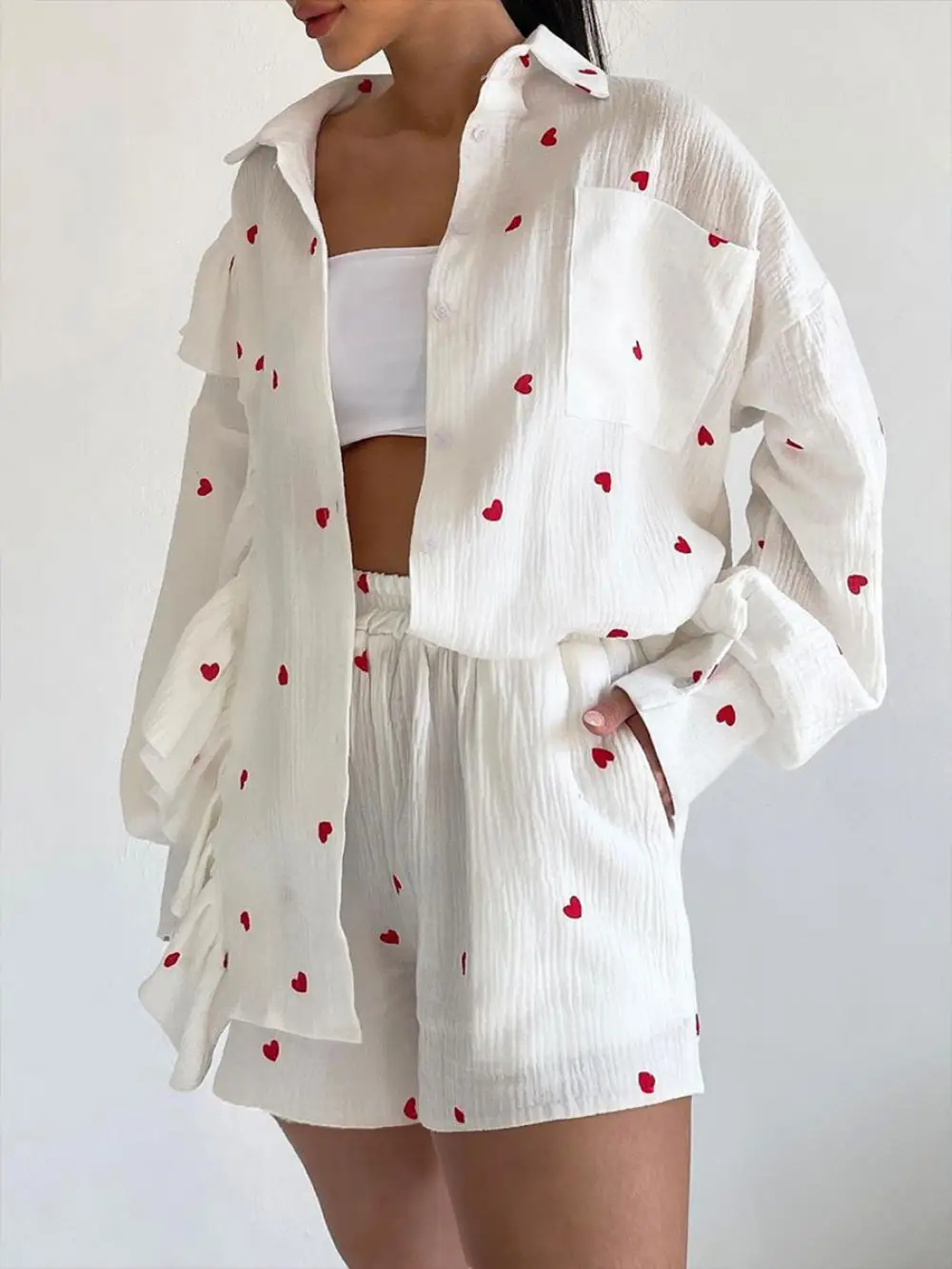 

Women 100% Cotton Heart Pattern Ruffle Shirt Shorts Suit Long Sleeve Blouse with Shorts Set Two Piece Set Sleepwear Pajamas