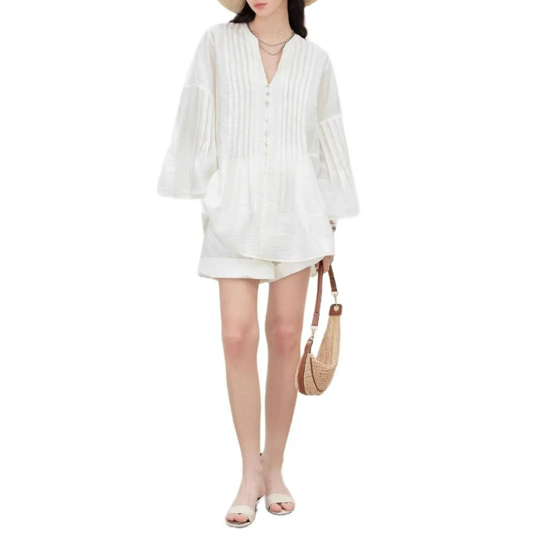 Spring Pleated V-neck Shirts Women Loose Niche Blouses Light Thin Cardigan Jacket Literary Retro Clothing White Linen Gray Tops