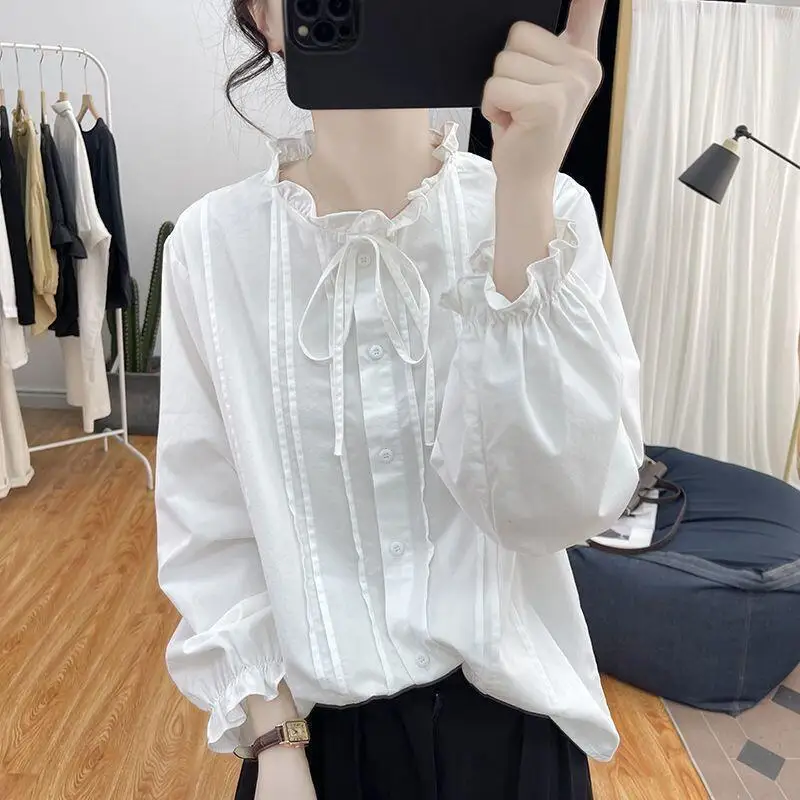 2026 Spring Autumn New Fashion Women Clothing Simple Atmospheric Lace Long Sleeve Shirt Loose Slim Versatile Thin Doll Shirttops