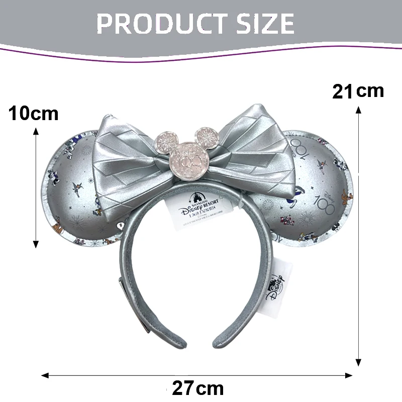 2024 Disney Mickey Mouse Ear Headband Silver 100th Anniversary Minnie Hair Hoop Birthday Gift Adult/Child Cosplay Accessories