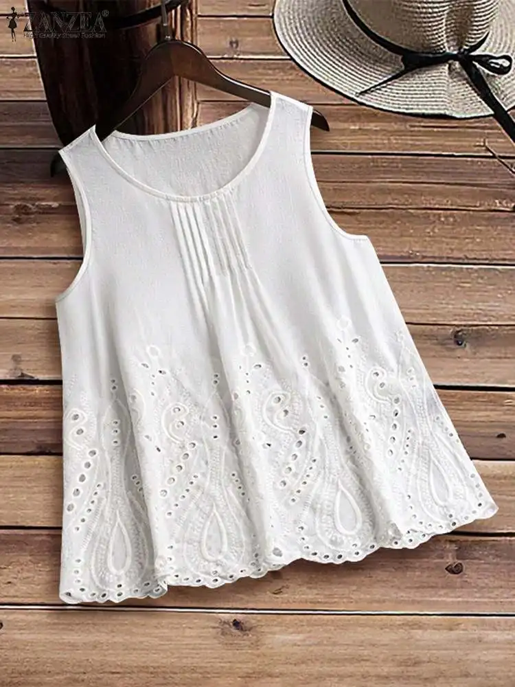 2024 ZANZEA Summer Tanks Tops Women Floral Embroidery Camis Vintage Sleeveless Cotton Blouse Casual Bohemian Beach Pleated Shirt