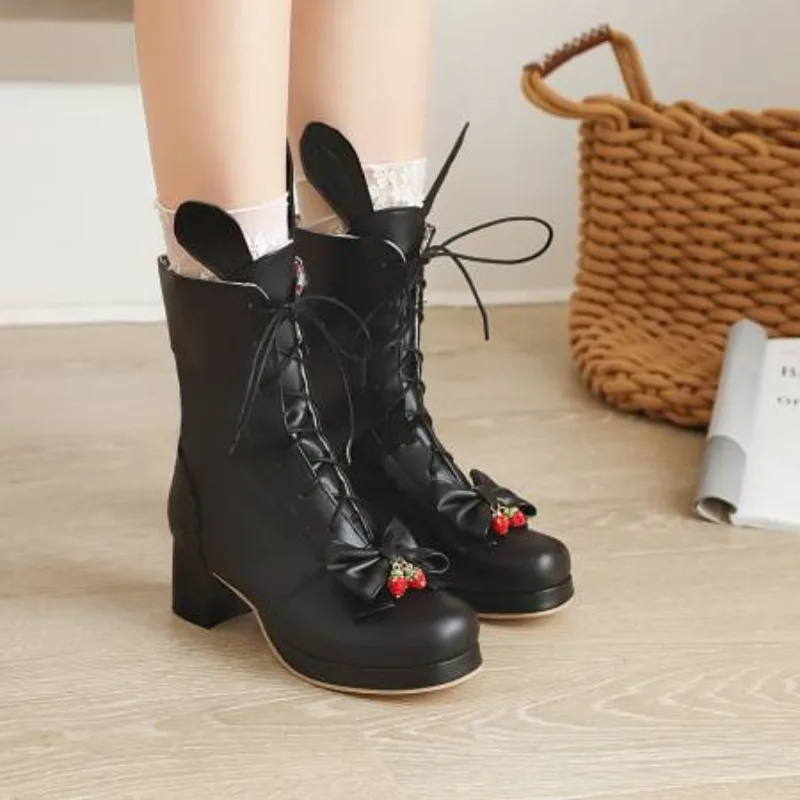

Sweet Girls Lolita Ankle Boots Women Cute Bow Princess Shoes Ladies Rabbit Ear Square Heel JK Uniform Maid Cosplay Party 34-48