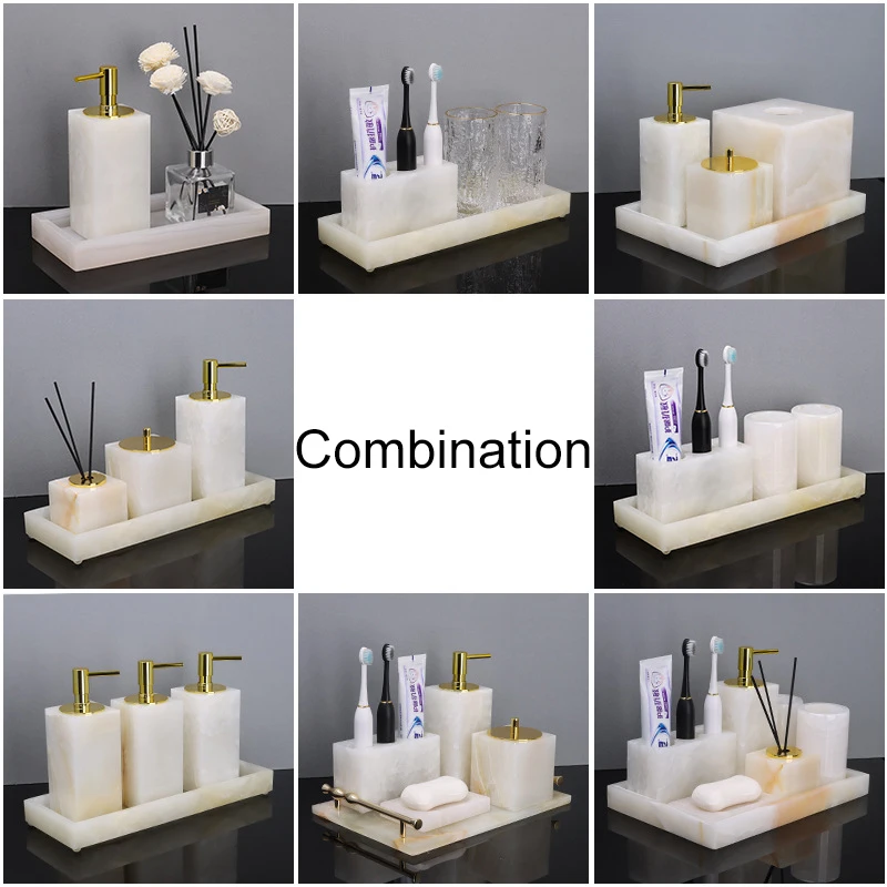 White Onyx Natural Marble Set for Bathroom Soap Dispenser Toothbrush Holder Ashtray Aromatherapy Bottle Soap Dish Storage Tray