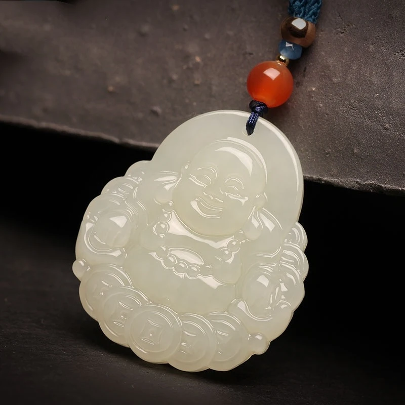 Hetian Jade Maitreya Pendant, Laughing Amulet, Fortune-Bringing Buddha Necklace Men and Women