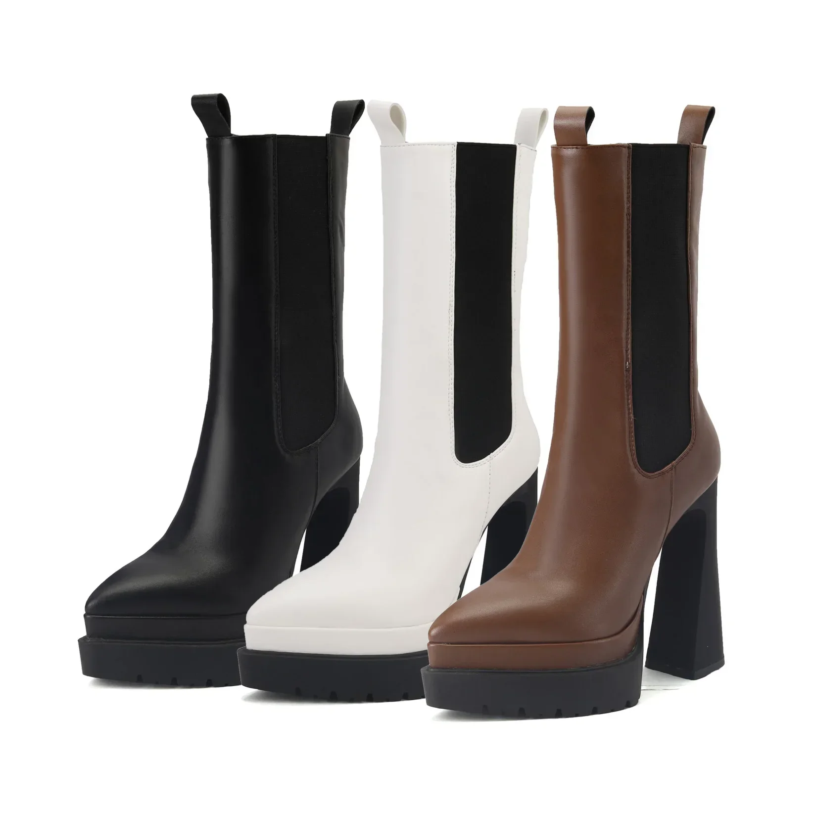 2025 New High Quality Mid Boots Genuine Leather Pointed Toe Platform Fashion Women Boots Chunky Heel Heightening Elasticity Boot