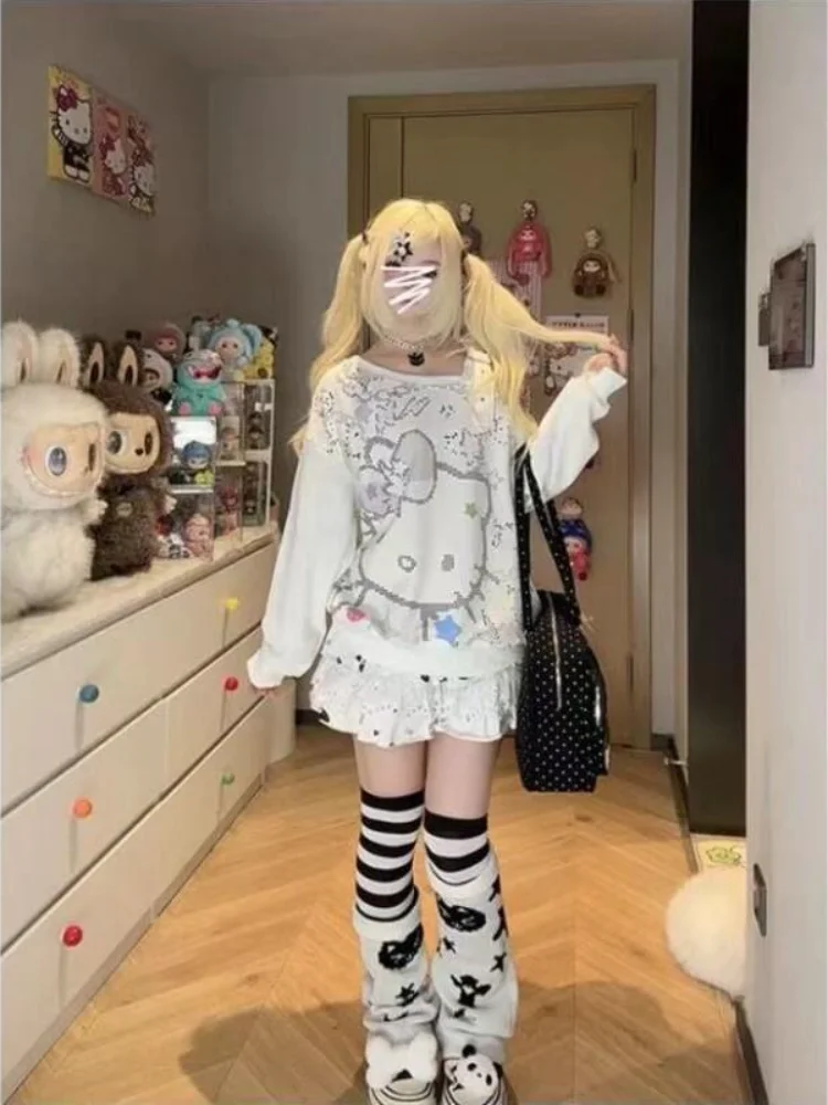 Sanrio hello kitty impresso fora do ombro manga comprida moletom solto outono topo kawaii anime moda casual moletom, conjuntos