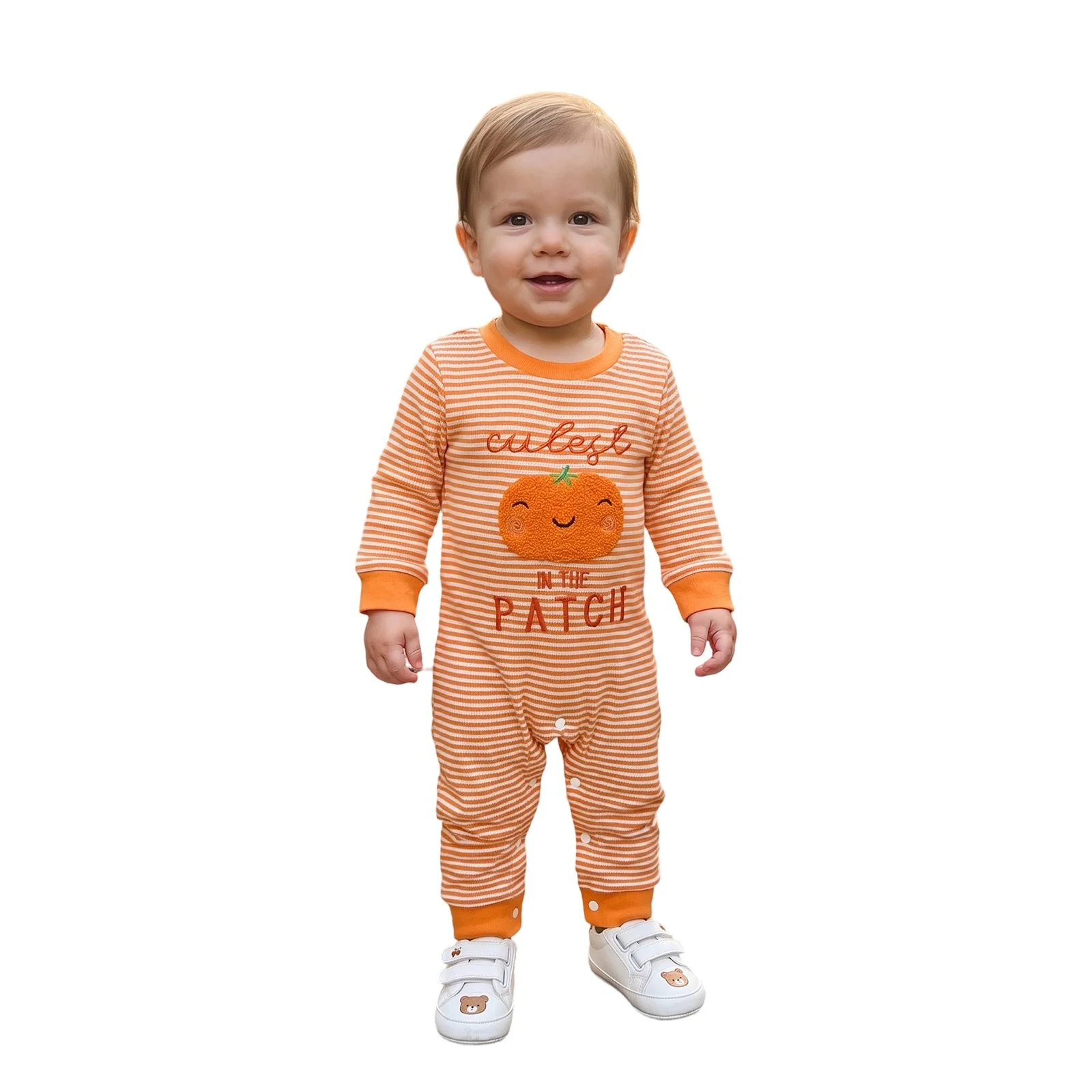 Baby Boy Halloween Stripe Romper Pumpkin Embroidery Long Sleeve Bodysuit