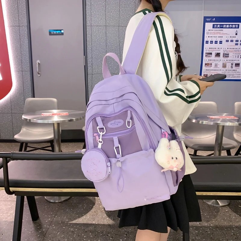 2024 New  Bag Fashionable Youth Backpack High Quality Large Capacity Canvas Bag with Hanging Accessories Cute with Zero Wallet