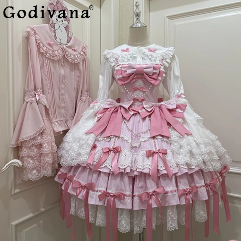 

Original Sweet Lolita Pink Princess Dress JSK Autumn New Women's Slim Fit Elegant Tea Dress Japanese Girl's Doll Birthday Dress