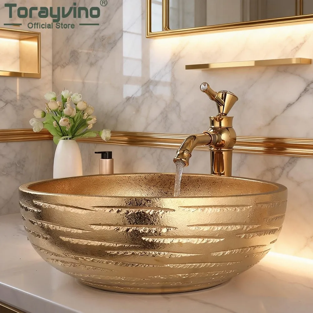 Torayvino Gold Round Bathroom Ceramic Lavatory Set Bath Mixer Washbasin Vessel Sink 360 Swivel Faucets W/ Pop-up Drain Combo Kit